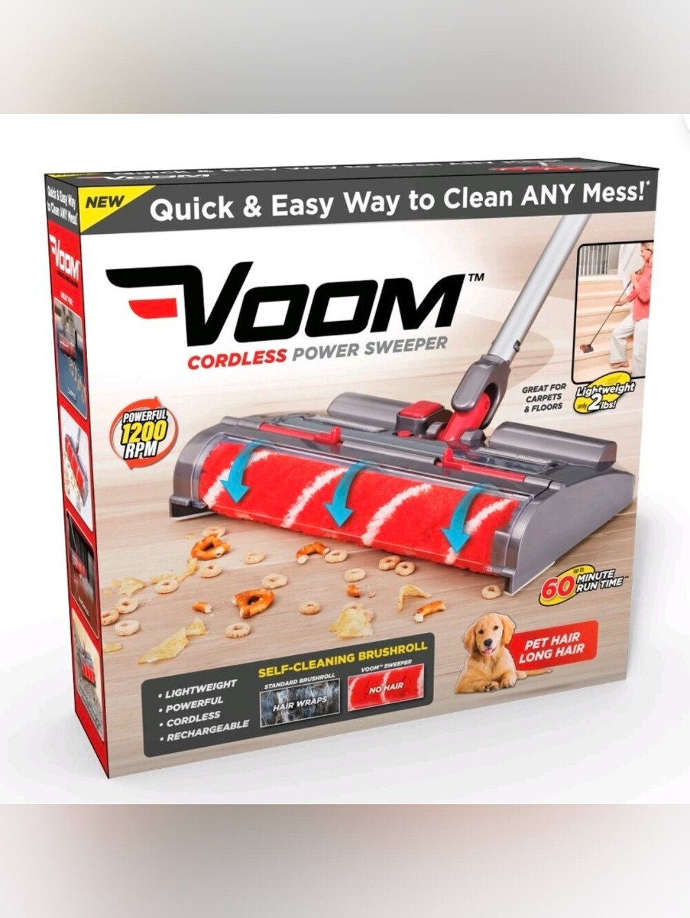 Vroom Cordless Power Floor Sweeper Rechargeable Light Vacuum Hardwood Carpet Rug